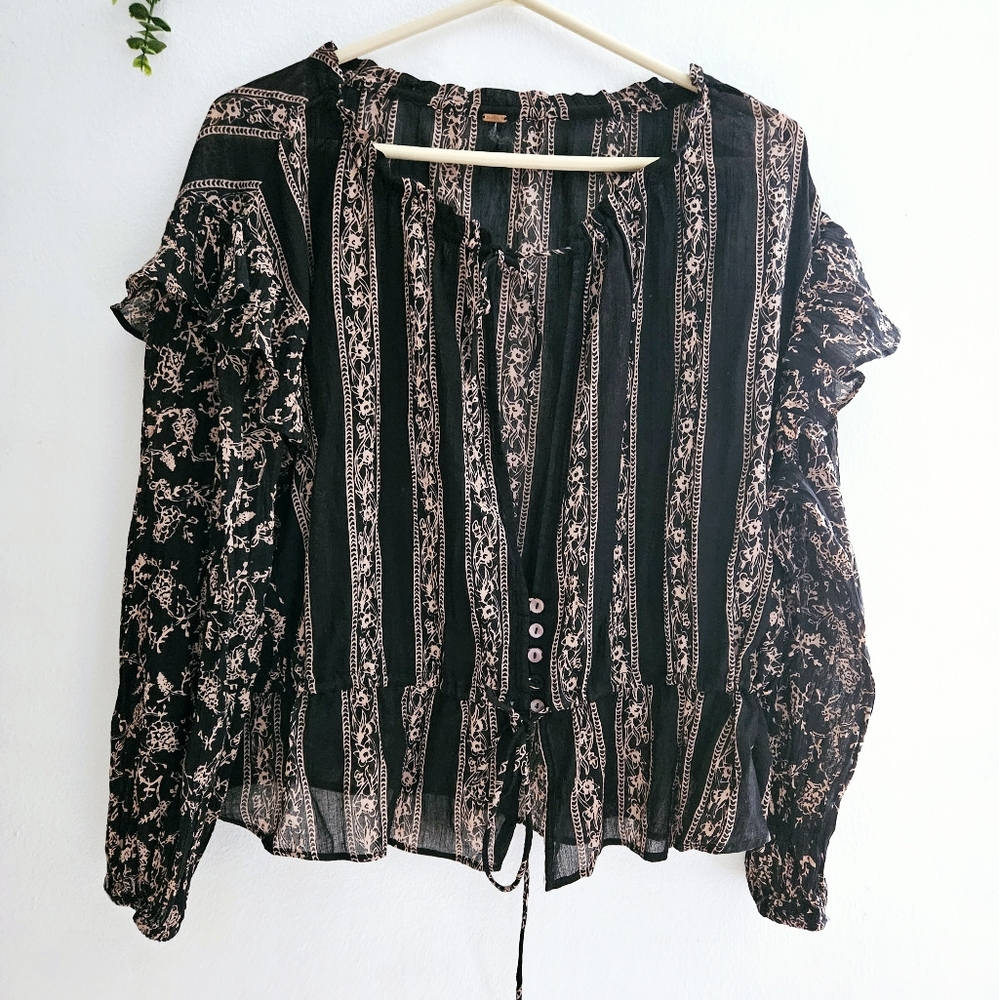 Free people Boho Ruffled Long Sleeve Peplum Blouse 100% Cotton Adjustable Sz S